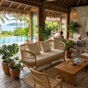 Natural rattan 3 seater sofa daybed for hotel lobby and resort living room